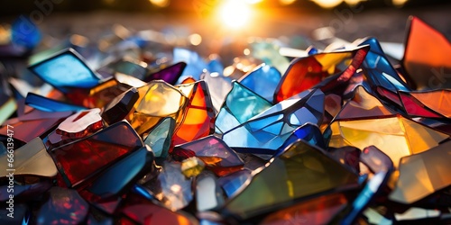 Broken shards of vibrant stained glass reflecting sunlight on the ground , concept of Light patterns photo