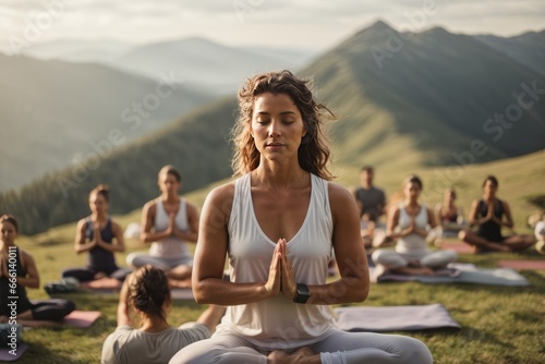 A beautiful brunette female trainer with long wavy hair wearing a white T-shirt and light leggings teaches yoga to a group of people in the mountains nature