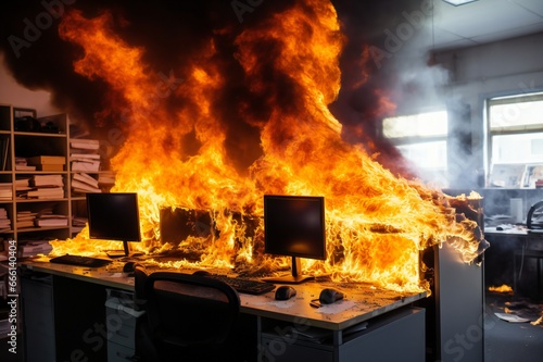 Blazing Chaos: Office Inferno Engulfs Technology