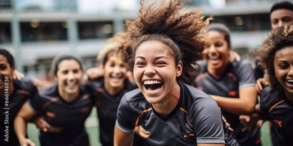 Victory Dance: Female Soccer Team Celebrating on the Field Victory Dance: Female Soccer Team Celebrating on the Field