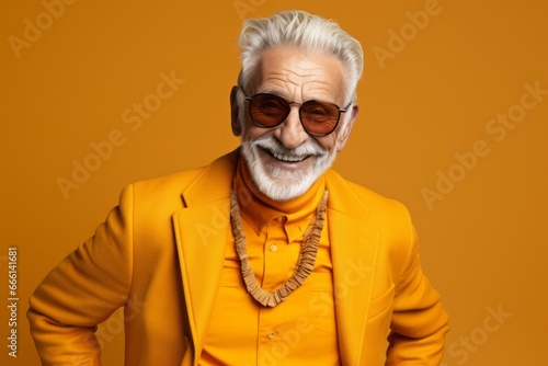 A stylish elderly white haired and bearded man in a vibrant yellow suit and trendy sunglasses standing against a bright yellow backdrop