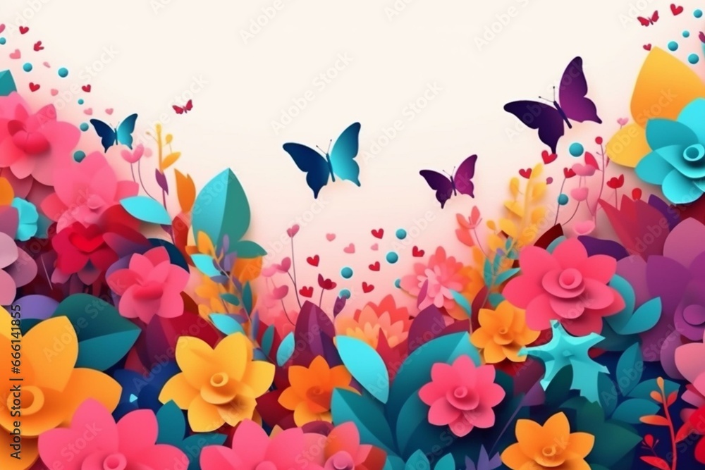 Colorful flowers, butterflies. Background for spring and summer. Banner shape. Generative AI
