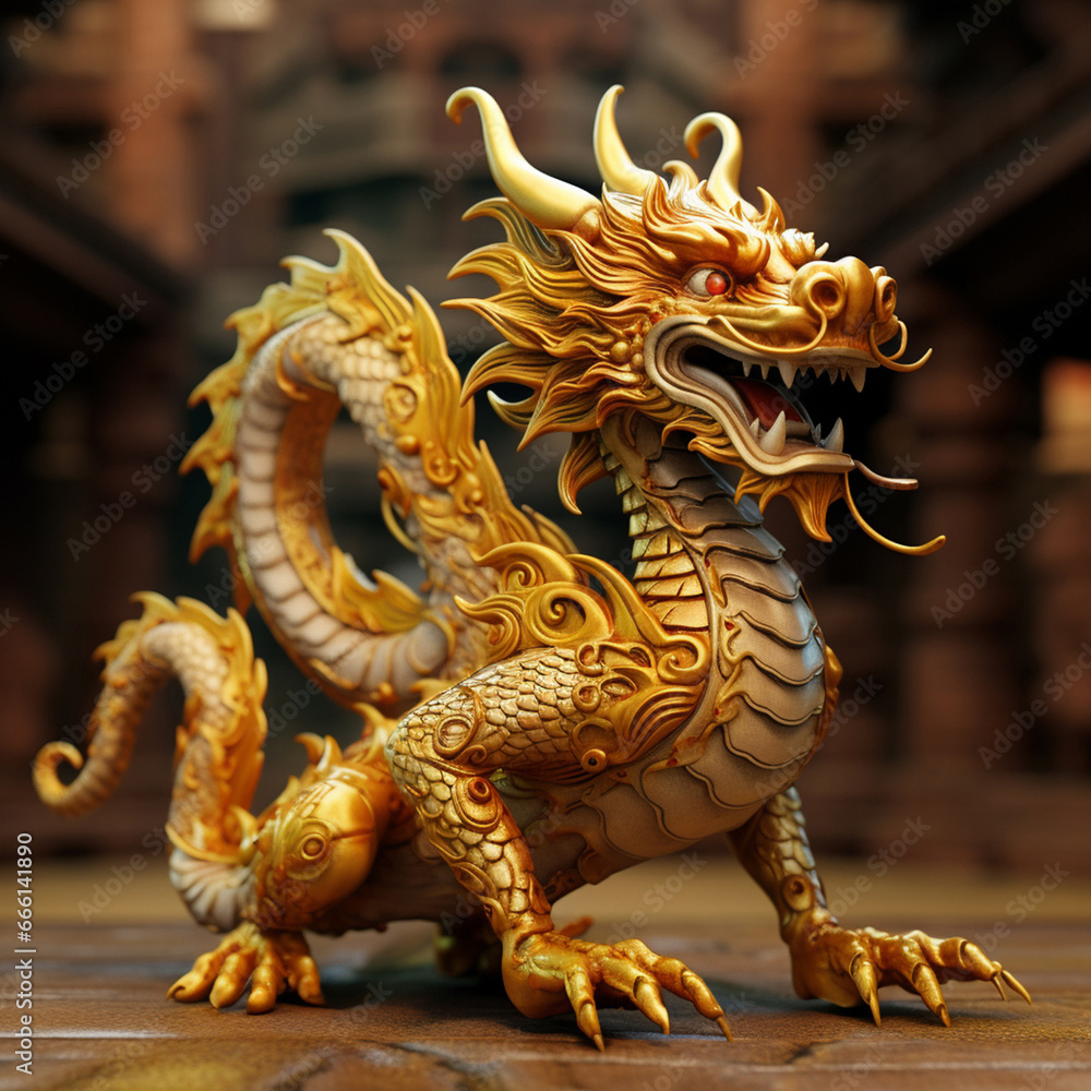 A stunning 3D model of a golden, traditional Chinese dragon deity, embodying the spiritual beliefs of Asian culture with its intricate design and symbolism. Generative AI. A stunning 3D model of a golden, traditional Chinese dragon deity, embodying the spiritual beliefs of Asian culture with its intricate design and symbolism. Generative AI.
