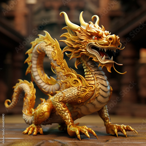 A stunning 3D model of a golden, traditional Chinese dragon deity, embodying the spiritual beliefs of Asian culture with its intricate design and symbolism. Generative AI. © Surachetsh