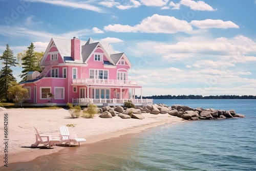A beachfront house with a lovely pink color immersed in a scenic summer environment. Generative AI