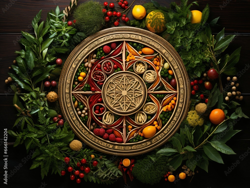 Intricate wooden wheel surrounded by festive fruits and greenery. Pagan Christmas and New Year ambiance. Suitable for event decoration, backdrop, and festive designs