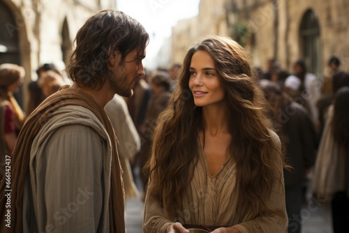 Jesus Christ and the girl Mary on a journey to Bethlehem, love romance and family traditional values