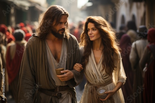 Jesus Christ and the girl Mary on a journey to Bethlehem, love romance and family traditional values photo