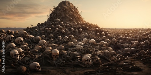Fototapeta Massive mound of skulls set against the backdrop of a war-ravaged landscape, con