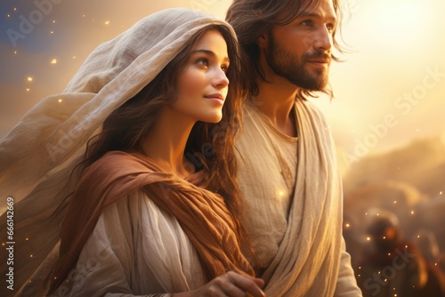 Jesus Christ travels with a girl. Love, romance, holding hands, family, virgin mary, religion christianity holy holiday photo