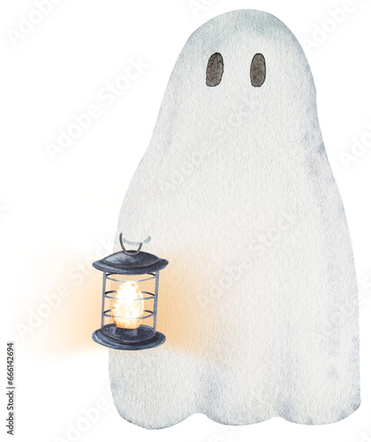 Hand drawn watercolor illustration of a cute litle ghost with a lantern. Isolated on a white background, not AI. For Halloween and children design.