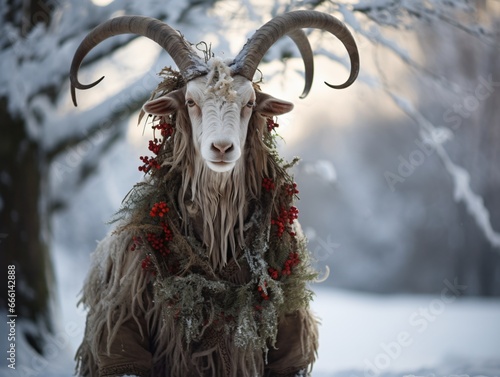 Decorated Yule goat adorned with festive foliage and berries in snow. New Year and Pagan Christmas fantasy concept. Design for greeting cards, wallpaper, banner photo