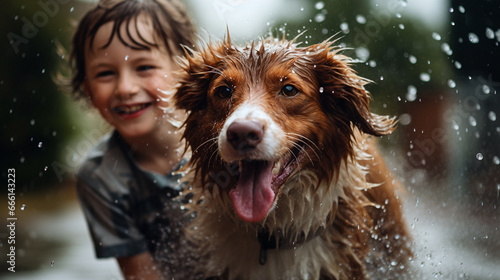 Cute little boy playing with dog in the rain. Happy child having fun outdoors. Generative AI