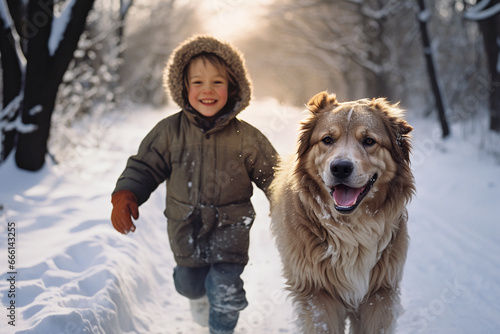 Cute little boy with his dog in the park on a winter day. Generative AI