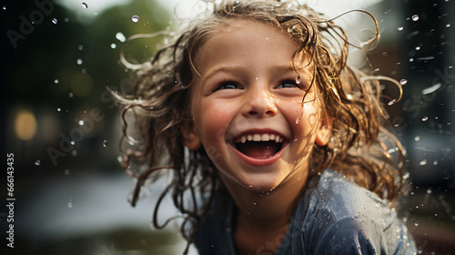 Portrait of a smiling little girl with wet hair in the rain. Generative AI