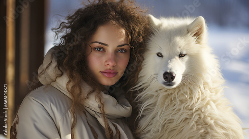 Close up portrait of a woman sitting next to her all white wolf