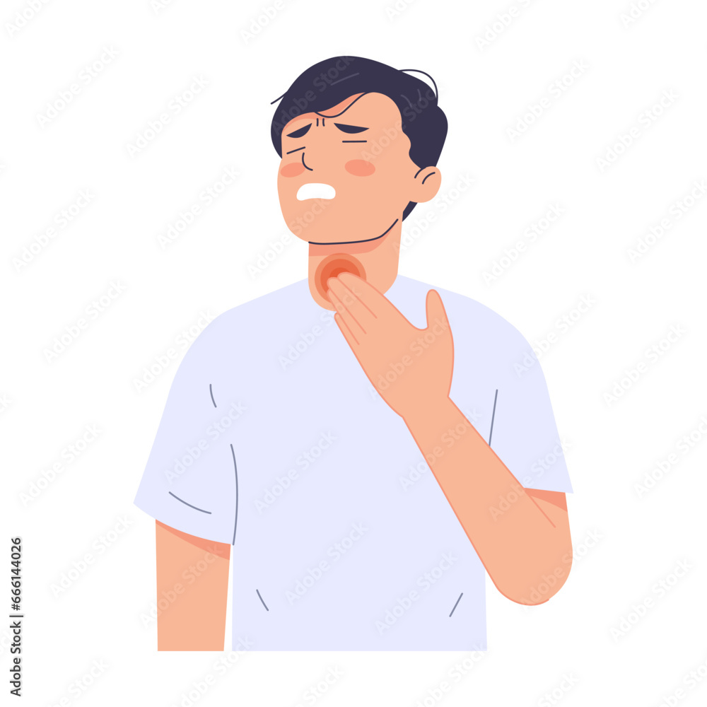 Man has a cold and has a sore throat. Modern trendy style. Hand drawn vector character illustration. Isolated on white background. 