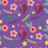 Seamless pattern of colorful flower, green leaves purple background, Vintage floral background, Pattern for design wallpaper, gift wrap paper and fashion prints.