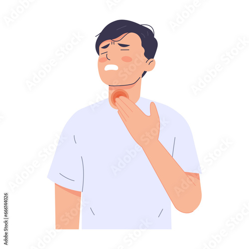 Man has a cold and has a sore throat. Modern trendy style. Hand drawn vector character illustration. Isolated on white background. 
