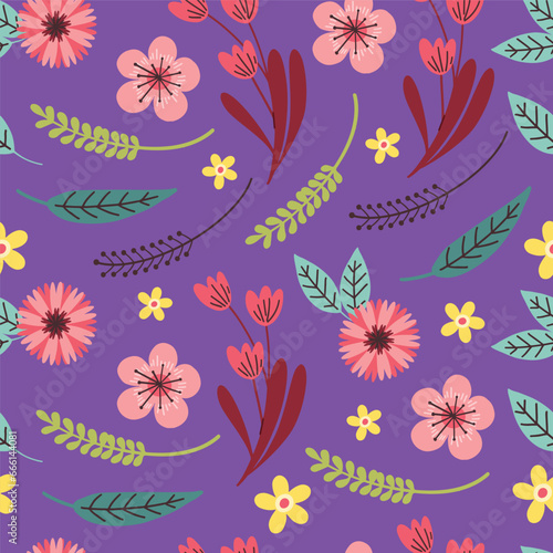 Seamless pattern of colorful flower  green leaves purple background  Vintage floral background  Pattern for design wallpaper  gift wrap paper and fashion prints.