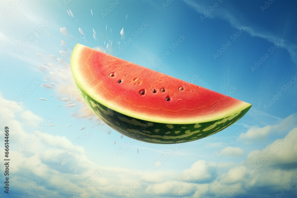 Refreshing Flying watermelon slice. Food fruit red. Generate Ai Refreshing Flying watermelon slice. Food fruit red. Generate Ai