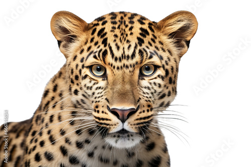 Close-up portrait of leopard white background