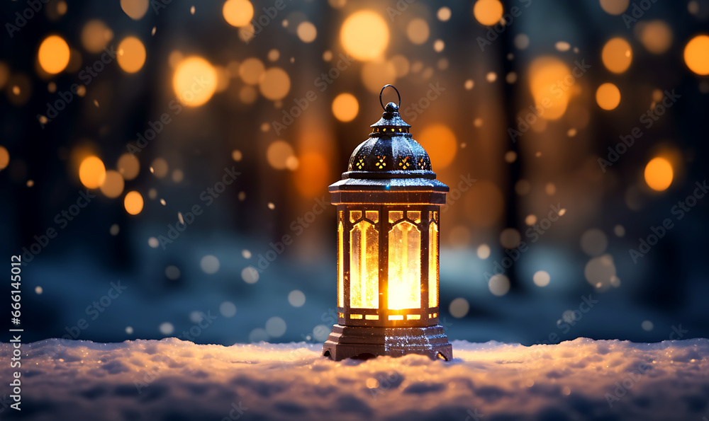 Beautiful winter background Christmas decoration with a lantern in the snow in a winter park image of frosted spruce branches and small drifts of pure snow with bokeh. Beautiful winter background Christmas decoration with a lantern in the snow in a winter park image of frosted spruce branches and small drifts of pure snow with bokeh.