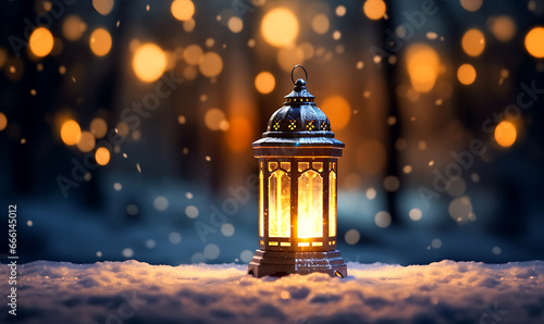 Beautiful winter background Christmas decoration with a lantern in the snow in a winter park image of frosted spruce branches and small drifts of pure snow with bokeh.