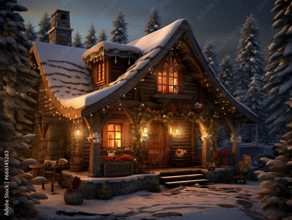 Snow-covered wooden cabin with warm lights. Christmas and New Year holiday setting. Design suitable for festive posters, banner, background