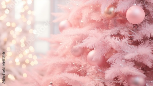 Decorating Christmas pink tree close up