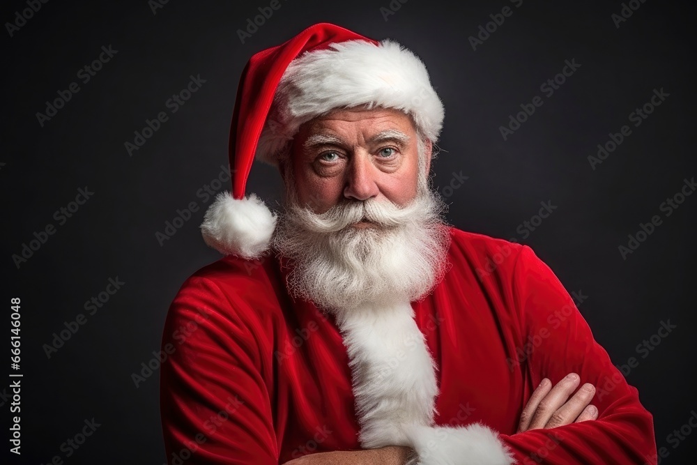 Portrait of elderly man with gray beard in Santa Claus costume is serious, sad, gloomy, thoughtful on dark black background. New Year, Christmas Portrait of elderly man with gray beard in Santa Claus costume is serious, sad, gloomy, thoughtful on dark black background. New Year, Christmas
