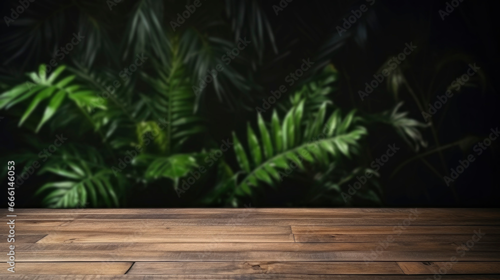Long wooden table against a background of dark green tropical leaves. Template for advertising, design of your product, presentation of cosmetics, mockup. Tropical jungle background Long wooden table against a background of dark green tropical leaves. Template for advertising, design of your product, presentation of cosmetics, mockup. Tropical jungle background