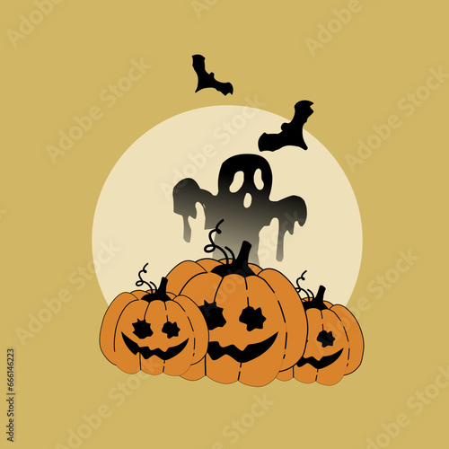 Halloween background design. Happy halloween trick or treat text with cute ghost and pumpkins element for spooky yard party celebration