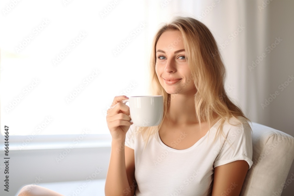 Young blond woman drinking a cup of tea coffee at home