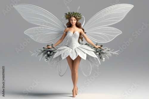Fairy-Like Woman in Elegant Gray Gown Soars with Feathery Wings Amidst Neutral Studio Background
