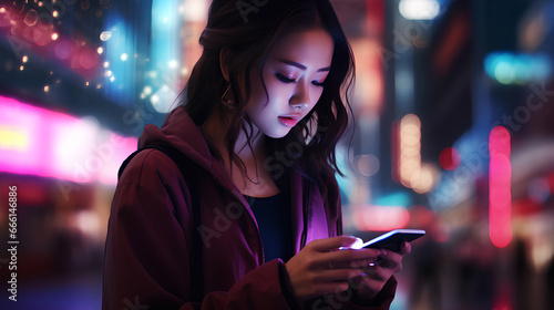 Woman using mobile phone in city at the night. 