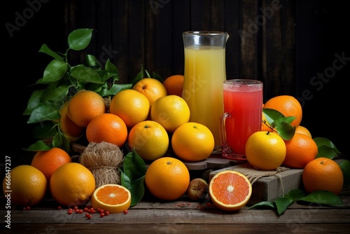 Ripe citrus fruits and tangy juice on a wooden background. Generative AI