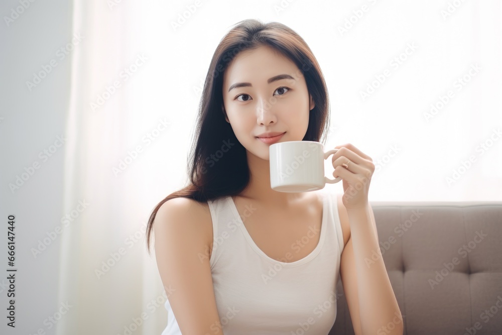 Young Asian woman drinking a cup of tea coffee at home Young Asian woman drinking a cup of tea coffee at home