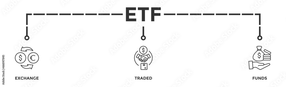 ETF banner web icon vector illustration concept Exchange Traded Funds Stock Market Investment with icon of money, cash flow, trading, transaction, bank, accounting, and growth