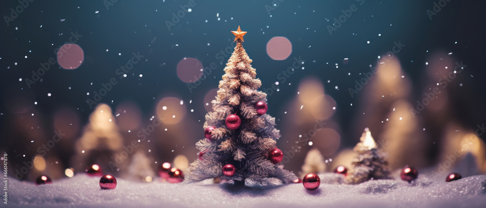 Fototapeta premium Snowy Christmas tree illuminated with festive lights.