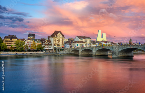 Basel city on dramatic sunset, Switzerland