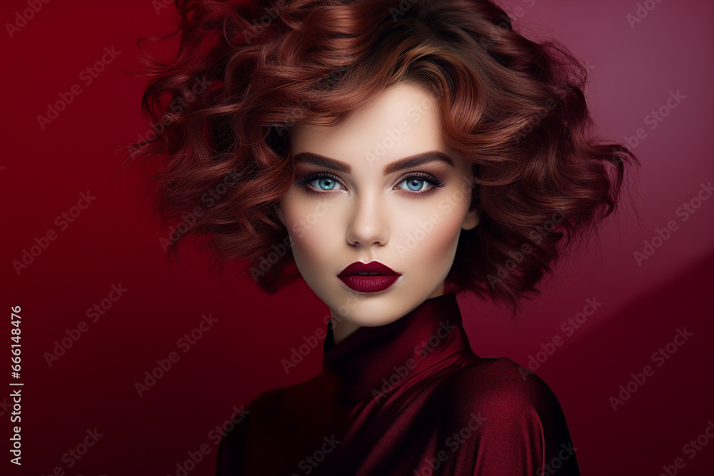 Generative AI portrait picture of beautiful glamorous luxury make up fashion model girl over red maroon background