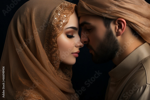 Picture of young wealthy middle eastern couple hugging love story Generative AI