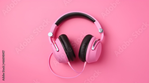 Headphone around the red heart between with two earphones against pink backdrop. Generative Ai