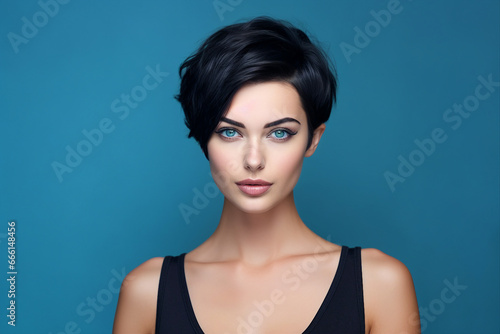 Generative AI picture of beautiful woman fashion model black hairstyle blue eyes