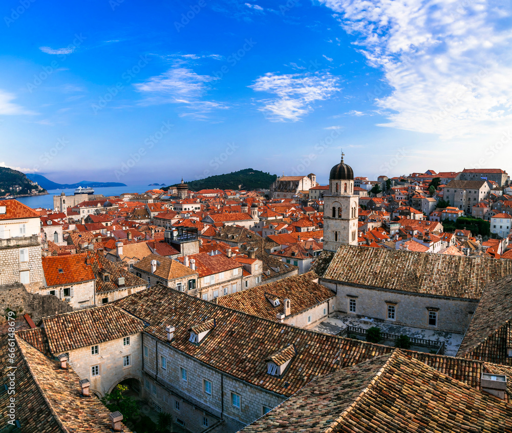 Landmarks and travel in Croatia - beautiful Dubrovnik town, view of old town and historic center.