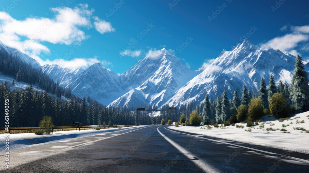 A winding mountain road with a backdrop of towering,  snow-covered peaks
