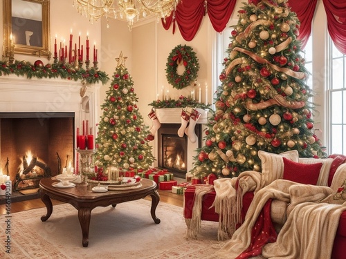 festive christmas house interior, christmas tree, sofa, fireplace, holiday home, adorned, christmas spirit