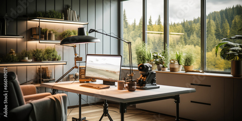 Modern Home Office Setup Embracing Remote Work with Nature View photo