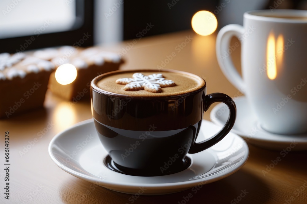 Cozy Cafe Table with Hot Cappuccino in a Cup and Saucer Cozy Cafe Table with Hot Cappuccino in a Cup and Saucer